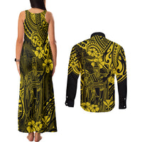 Hawaii King Kamehameha Couples Matching Tank Maxi Dress and Long Sleeve Button Shirts Polynesian Pattern Yellow Version - Wonder Print Shop