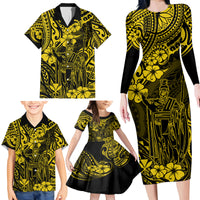 Hawaii King Kamehameha Family Matching Long Sleeve Bodycon Dress and Hawaiian Shirt Polynesian Pattern Yellow Version - Wonder Print Shop