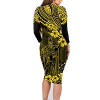 Hawaii King Kamehameha Family Matching Long Sleeve Bodycon Dress and Hawaiian Shirt Polynesian Pattern Yellow Version - Wonder Print Shop