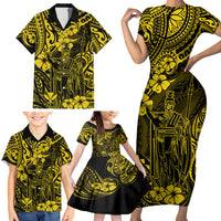 Hawaii King Kamehameha Family Matching Short Sleeve Bodycon Dress and Hawaiian Shirt Polynesian Pattern Yellow Version - Wonder Print Shop