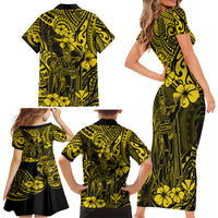 Hawaii King Kamehameha Family Matching Short Sleeve Bodycon Dress and Hawaiian Shirt Polynesian Pattern Yellow Version - Wonder Print Shop