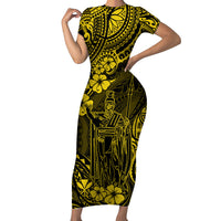 Hawaii King Kamehameha Family Matching Short Sleeve Bodycon Dress and Hawaiian Shirt Polynesian Pattern Yellow Version - Wonder Print Shop