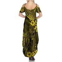 Hawaii King Kamehameha Family Matching Summer Maxi Dress and Hawaiian Shirt Polynesian Pattern Yellow Version - Wonder Print Shop