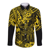 Hawaii King Kamehameha Long Sleeve Button Shirt Polynesian Pattern Yellow Version - Wonder Print Shop