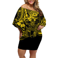 Hawaii King Kamehameha Off Shoulder Short Dress Polynesian Pattern Yellow Version - Wonder Print Shop