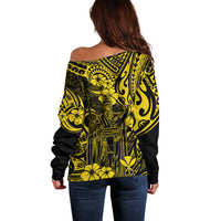 Hawaii King Kamehameha Off Shoulder Sweater Polynesian Pattern Yellow Version - Wonder Print Shop