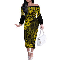 Hawaii King Kamehameha Off The Shoulder Long Sleeve Dress Polynesian Pattern Yellow Version - Wonder Print Shop