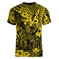 Hawaii King Kamehameha Women V Neck T Shirt Polynesian Pattern Yellow Version - Wonder Print Shop