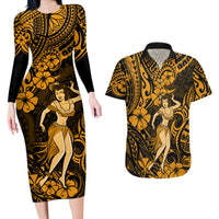 Hawaii Hula Girl Couples Matching Long Sleeve Bodycon Dress and Hawaiian Shirt Polynesian Pattern Gold Version - Wonder Print Shop