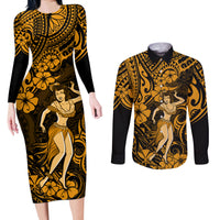 Hawaii Hula Girl Couples Matching Long Sleeve Bodycon Dress and Long Sleeve Button Shirts Polynesian Pattern Gold Version - Wonder Print Shop