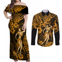 Hawaii Hula Girl Couples Matching Off Shoulder Maxi Dress and Long Sleeve Button Shirts Polynesian Pattern Gold Version - Wonder Print Shop