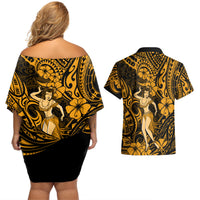 Hawaii Hula Girl Couples Matching Off Shoulder Short Dress and Hawaiian Shirt Polynesian Pattern Gold Version - Wonder Print Shop