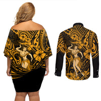 Hawaii Hula Girl Couples Matching Off Shoulder Short Dress and Long Sleeve Button Shirts Polynesian Pattern Gold Version - Wonder Print Shop