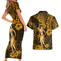 Hawaii Hula Girl Couples Matching Short Sleeve Bodycon Dress and Hawaiian Shirt Polynesian Pattern Gold Version - Wonder Print Shop