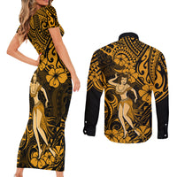 Hawaii Hula Girl Couples Matching Short Sleeve Bodycon Dress and Long Sleeve Button Shirts Polynesian Pattern Gold Version - Wonder Print Shop