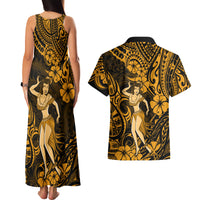 Hawaii Hula Girl Couples Matching Tank Maxi Dress and Hawaiian Shirt Polynesian Pattern Gold Version - Wonder Print Shop