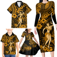 Hawaii Hula Girl Family Matching Long Sleeve Bodycon Dress and Hawaiian Shirt Polynesian Pattern Gold Version - Wonder Print Shop