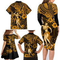 Hawaii Hula Girl Family Matching Long Sleeve Bodycon Dress and Hawaiian Shirt Polynesian Pattern Gold Version - Wonder Print Shop