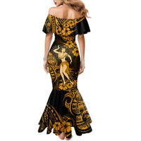 Hawaii Hula Girl Family Matching Mermaid Dress and Hawaiian Shirt Polynesian Pattern Gold Version - Wonder Print Shop