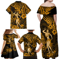 Hawaii Hula Girl Family Matching Off Shoulder Maxi Dress and Hawaiian Shirt Polynesian Pattern Gold Version - Wonder Print Shop