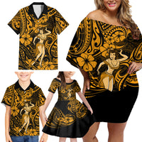Hawaii Hula Girl Family Matching Off Shoulder Short Dress and Hawaiian Shirt Polynesian Pattern Gold Version - Wonder Print Shop
