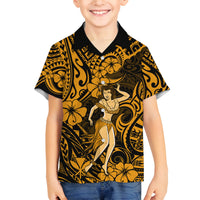 Hawaii Hula Girl Family Matching Off Shoulder Short Dress and Hawaiian Shirt Polynesian Pattern Gold Version - Wonder Print Shop