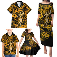 Hawaii Hula Girl Family Matching Puletasi Dress and Hawaiian Shirt Polynesian Pattern Gold Version - Wonder Print Shop