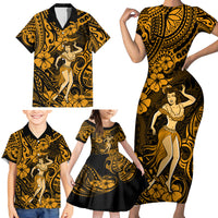 Hawaii Hula Girl Family Matching Short Sleeve Bodycon Dress and Hawaiian Shirt Polynesian Pattern Gold Version - Wonder Print Shop
