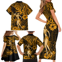 Hawaii Hula Girl Family Matching Short Sleeve Bodycon Dress and Hawaiian Shirt Polynesian Pattern Gold Version - Wonder Print Shop