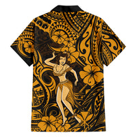 Hawaii Hula Girl Family Matching Short Sleeve Bodycon Dress and Hawaiian Shirt Polynesian Pattern Gold Version - Wonder Print Shop