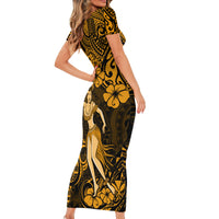 Hawaii Hula Girl Family Matching Short Sleeve Bodycon Dress and Hawaiian Shirt Polynesian Pattern Gold Version - Wonder Print Shop