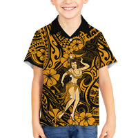 Hawaii Hula Girl Family Matching Short Sleeve Bodycon Dress and Hawaiian Shirt Polynesian Pattern Gold Version - Wonder Print Shop