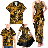 Hawaii Hula Girl Family Matching Tank Maxi Dress and Hawaiian Shirt Polynesian Pattern Gold Version - Wonder Print Shop