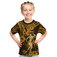 Hawaii Hula Girl Kid T Shirt Polynesian Pattern Gold Version - Wonder Print Shop