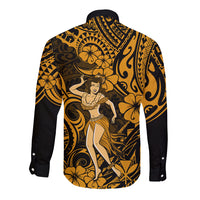 Hawaii Hula Girl Long Sleeve Button Shirt Polynesian Pattern Gold Version - Wonder Print Shop