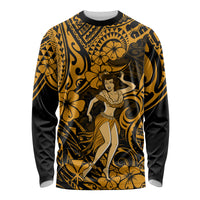 Hawaii Hula Girl Long Sleeve Shirt Polynesian Pattern Gold Version - Wonder Print Shop