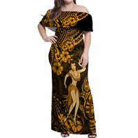 Hawaii Hula Girl Off Shoulder Maxi Dress Polynesian Pattern Gold Version - Wonder Print Shop