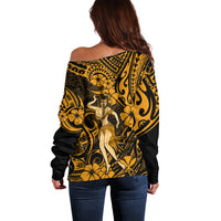Hawaii Hula Girl Off Shoulder Sweater Polynesian Pattern Gold Version - Wonder Print Shop