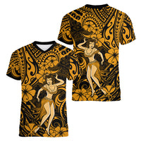 Hawaii Hula Girl Women V Neck T Shirt Polynesian Pattern Gold Version - Wonder Print Shop