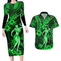 Hawaii Hula Girl Couples Matching Long Sleeve Bodycon Dress and Hawaiian Shirt Polynesian Pattern Green Version - Wonder Print Shop