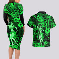 Hawaii Hula Girl Couples Matching Long Sleeve Bodycon Dress and Hawaiian Shirt Polynesian Pattern Green Version - Wonder Print Shop