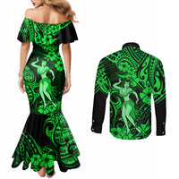 hawaii-hula-girl-couples-matching-mermaid-dress-and-long-sleeve-button-shirts-polynesian-pattern-green-version