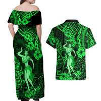 Hawaii Hula Girl Couples Matching Off Shoulder Maxi Dress and Hawaiian Shirt Polynesian Pattern Green Version - Wonder Print Shop