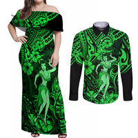 Hawaii Hula Girl Couples Matching Off Shoulder Maxi Dress and Long Sleeve Button Shirts Polynesian Pattern Green Version - Wonder Print Shop