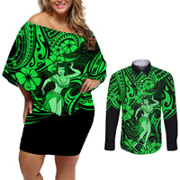 Hawaii Hula Girl Couples Matching Off Shoulder Short Dress and Long Sleeve Button Shirts Polynesian Pattern Green Version - Wonder Print Shop