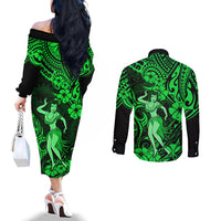 hawaii-hula-girl-couples-matching-off-the-shoulder-long-sleeve-dress-and-long-sleeve-button-shirts-polynesian-pattern-green-version