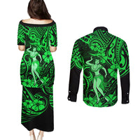 Hawaii Hula Girl Couples Matching Puletasi Dress and Long Sleeve Button Shirts Polynesian Pattern Green Version - Wonder Print Shop