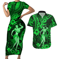 Hawaii Hula Girl Couples Matching Short Sleeve Bodycon Dress and Hawaiian Shirt Polynesian Pattern Green Version - Wonder Print Shop