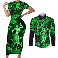Hawaii Hula Girl Couples Matching Short Sleeve Bodycon Dress and Long Sleeve Button Shirts Polynesian Pattern Green Version - Wonder Print Shop