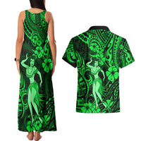 Hawaii Hula Girl Couples Matching Tank Maxi Dress and Hawaiian Shirt Polynesian Pattern Green Version - Wonder Print Shop